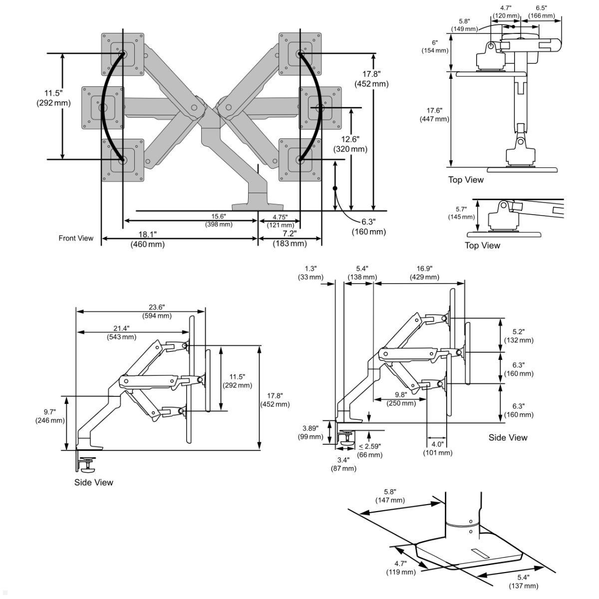 Ergotron HX Monitorhalterung für USM Tisch, schwarz (46-476-225), technische Zeichnung