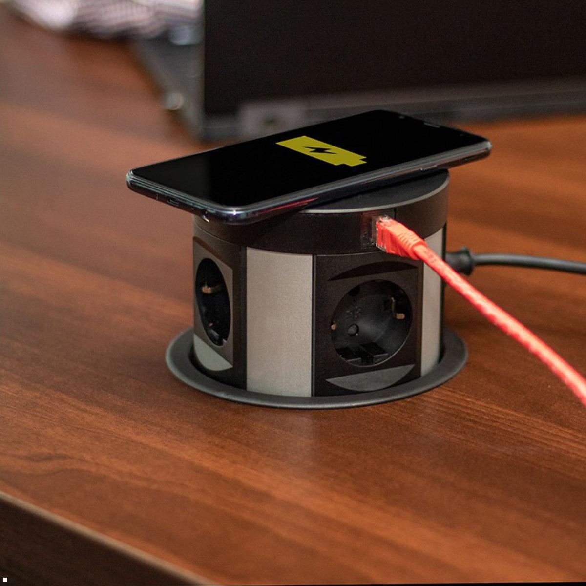 TecLines TVS003B versenkbare 4-fach Steckdose, Qi, 2x USB-A, 2x RJ45, schwarz, Anwendung RJ45