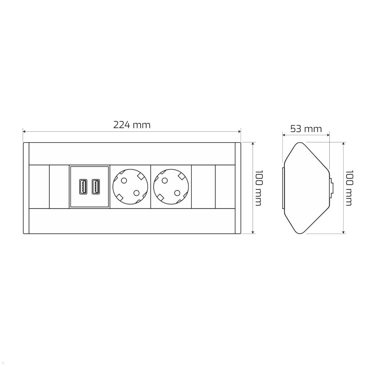 TecLines TAS003S 2-fach Ecksteckdose mit 2x USB Charger, Maße