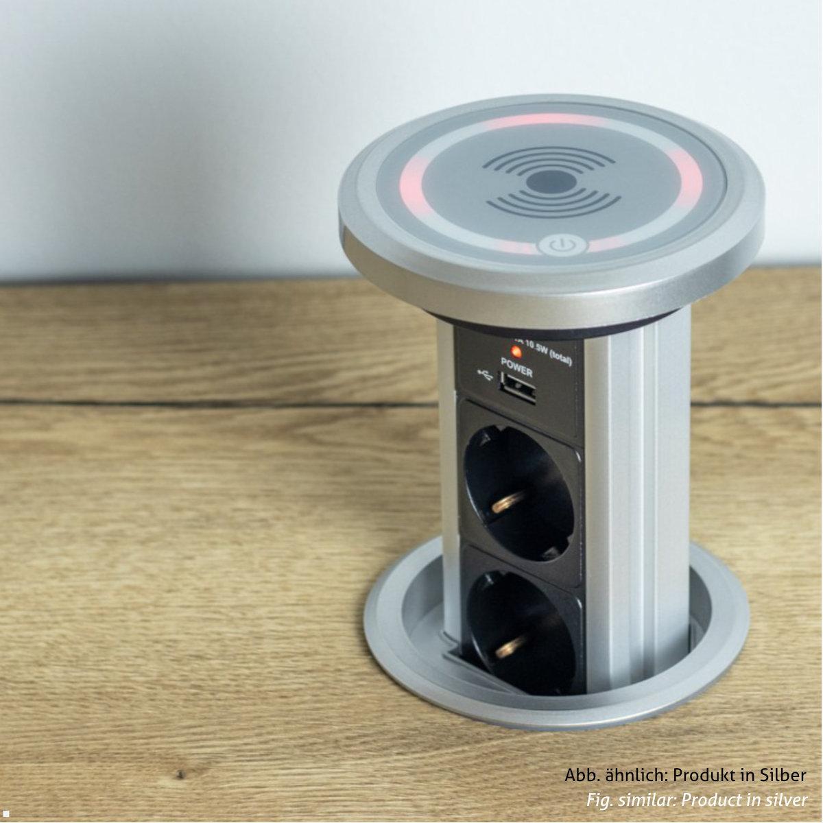 TecLines TVS006B versenkbare 3-fach Steckdosenleiste mit 2x USB, Qi, schwarz - Einbausteckdose