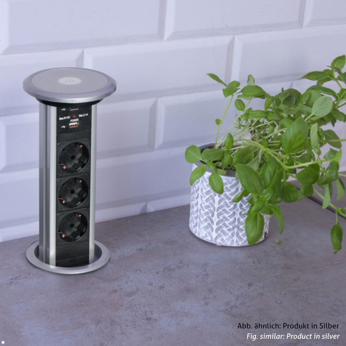 TecLines TVS007B versenkbare 3-fach Steckdosenleiste mit 2x USB, schwarz - Einbausteckdose