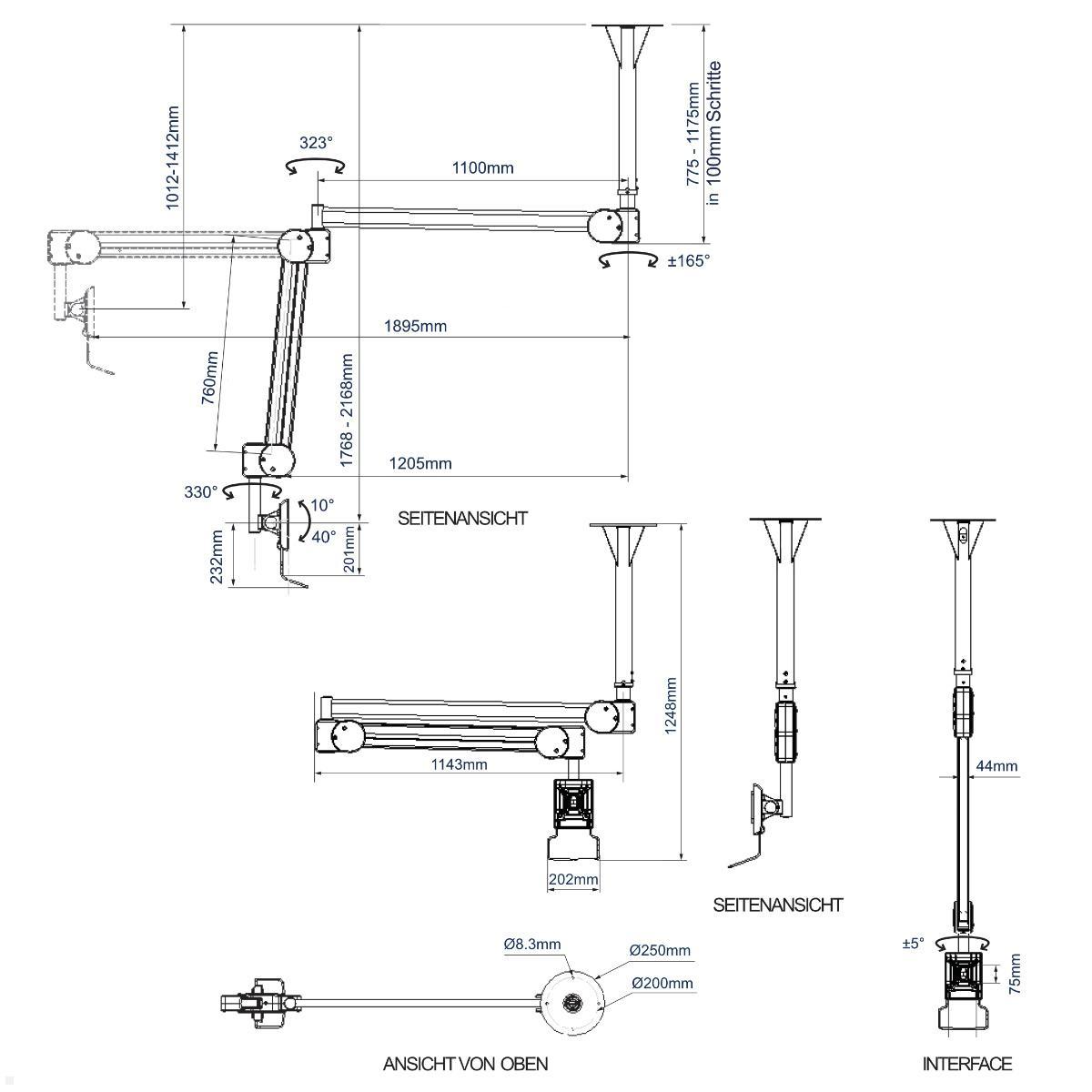 B-Tech BT7594 medizinische Monitor Deckenhalterung bis 28 Zoll, weiß, technische Zeichnung