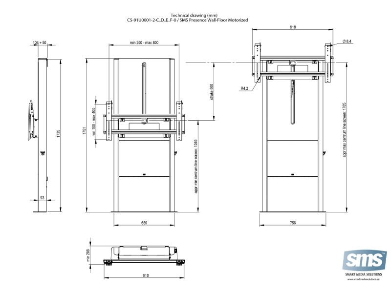 SMS Presence Boden Wandhalterung mit elektrischer Höhenverstellung (C591U005-2C0) Maße