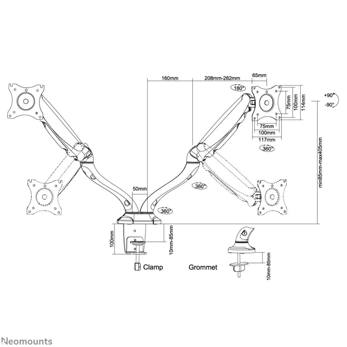 Neomounts Select NM-D500D Dual-Display Tischhalter 10-27Zoll, Technische Zeichnung