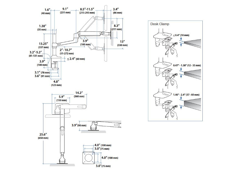 Ergotron LX Arm Monitor Tischklemme (45-537-216) Zeichnung