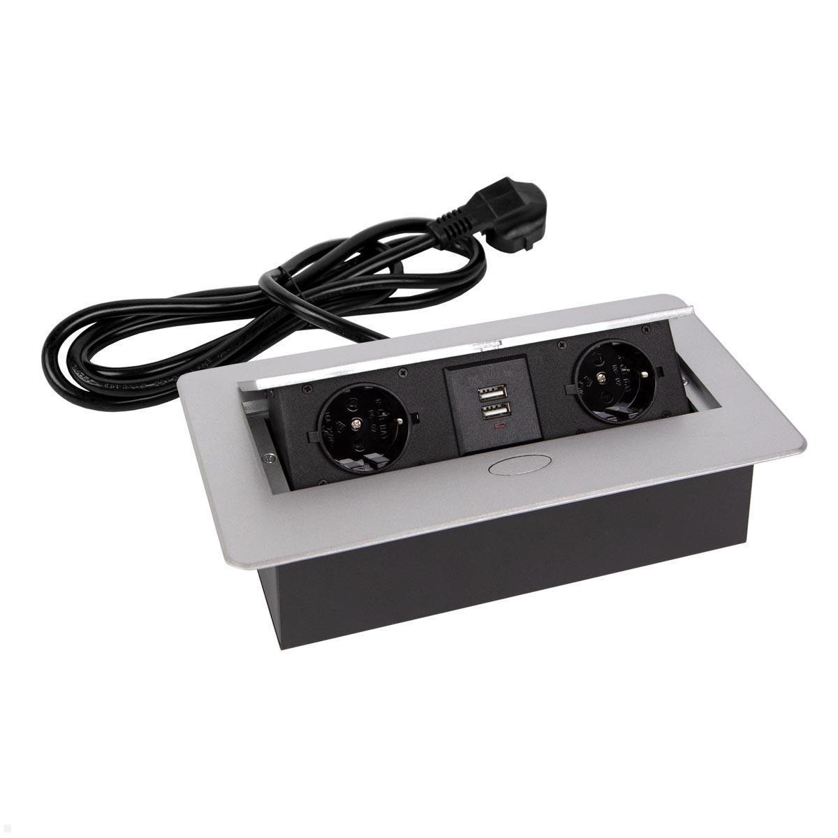 TecLines TES009S 2-fach Einbausteckdose mit USB-Charger 3m Kabel, silber