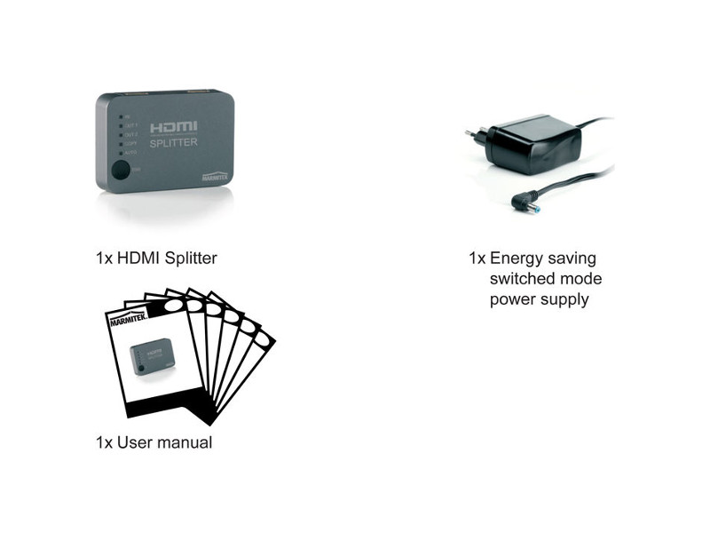 Marmitek Split 312 UHD HDMI Splitter mit 4K, 1x Eingang, 2x Ausgang Lieferumfang