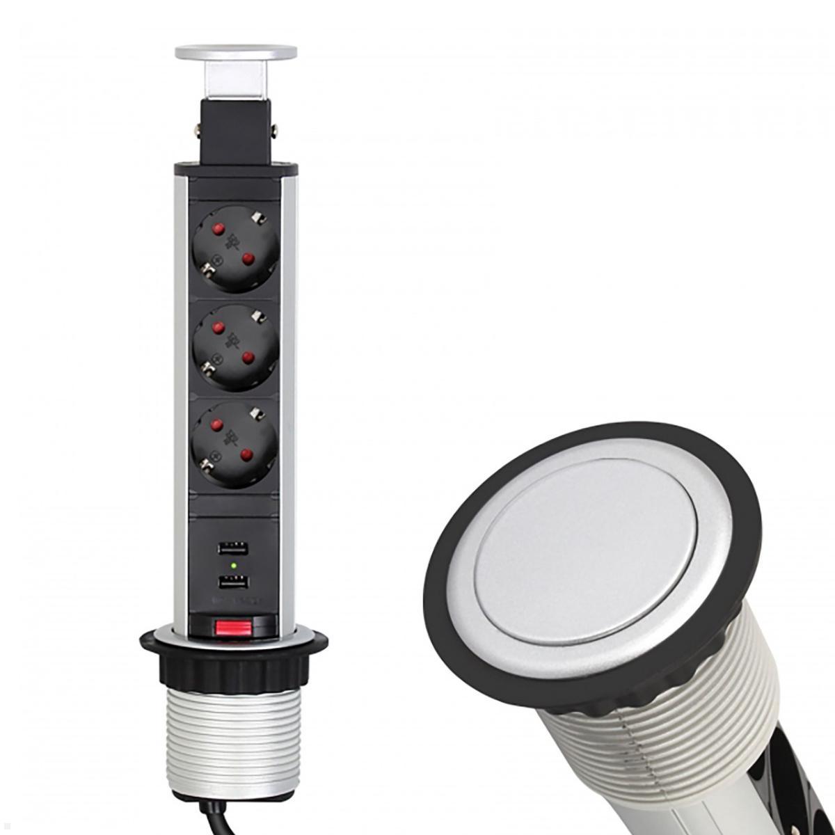 TecLines TVS009S versenkbare 3-fach Steckdosenleiste mit 2x USB, silber - Aluminium