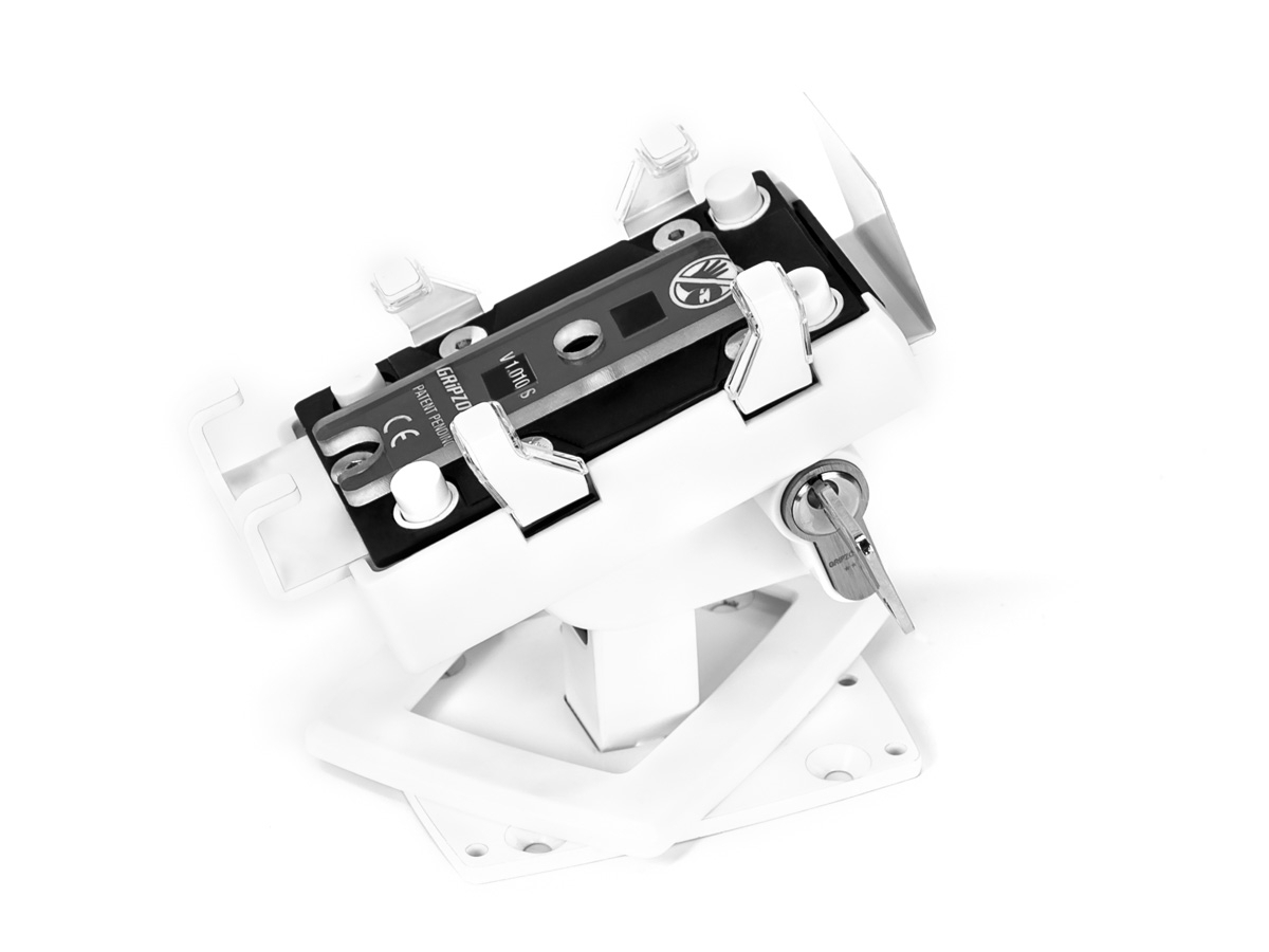 Gripzo Smartphone Tischhalterung für iPhone 4, 5, SE, weiß inkl. Zylinder