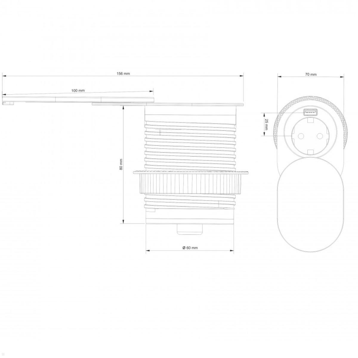 TecLines TES013B Einbau Steckdose mit USB-Charger A mit Deckel, technische Zeichnung