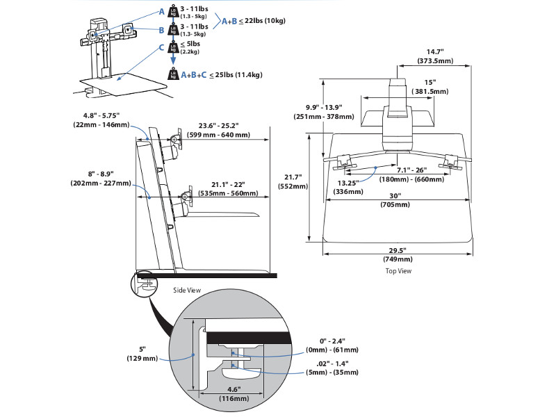 Ergotron 33-407-062 WorkFit SR Sit-Stand Workstation Zeichnung 1
