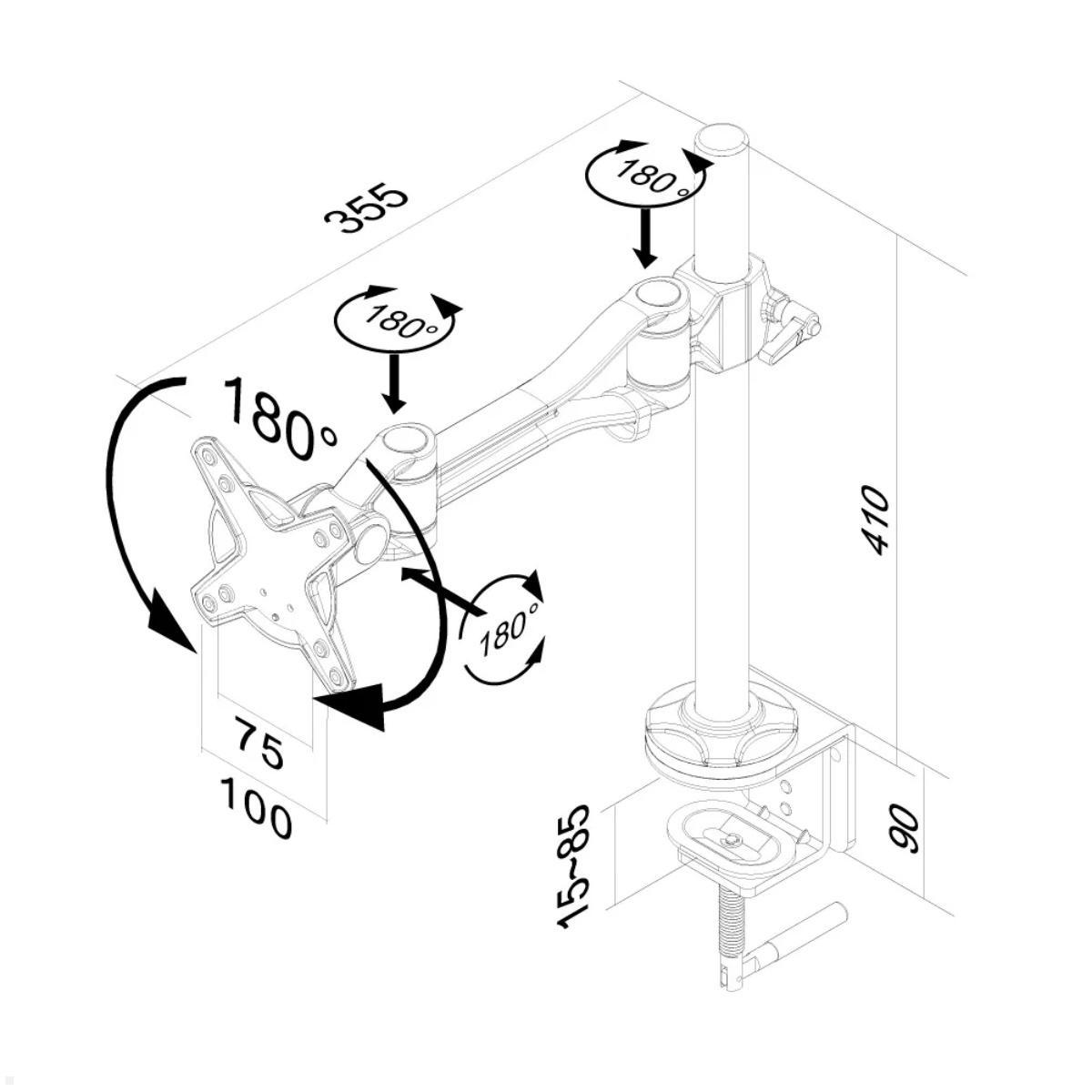 Neomounts FPMA-D1020 Monitor Tischhalterung mit Klemme silber, Technische Zeichnung