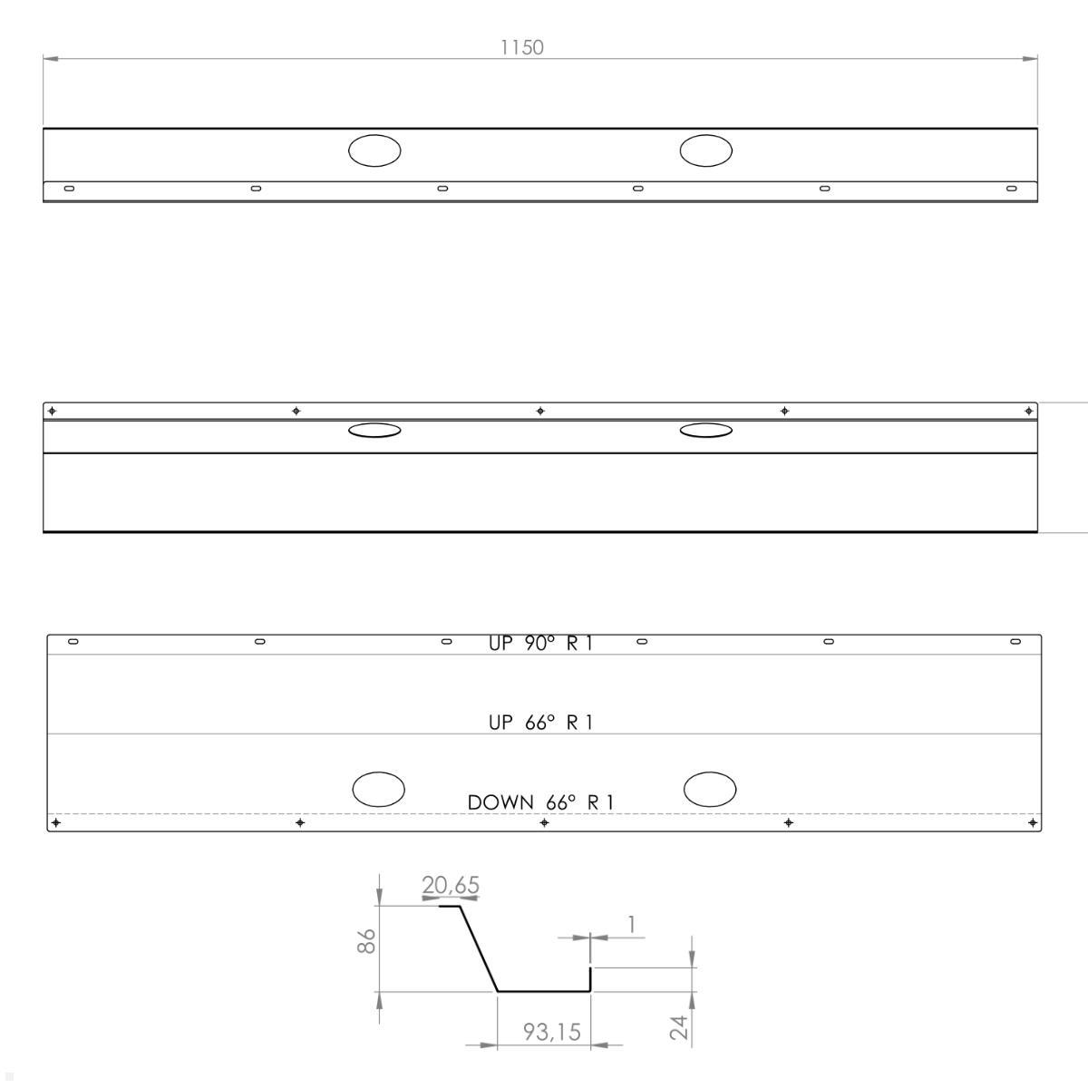 TecLines TKK007B Kabelkanal Schreibtisch 115 cm, schwarz, technische Zeichnung