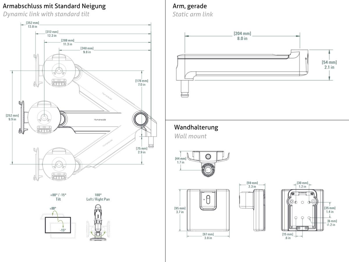 Humanscale M2.1 Monitor Wandhalterung gerade, weiß, Technische Zeichnung
