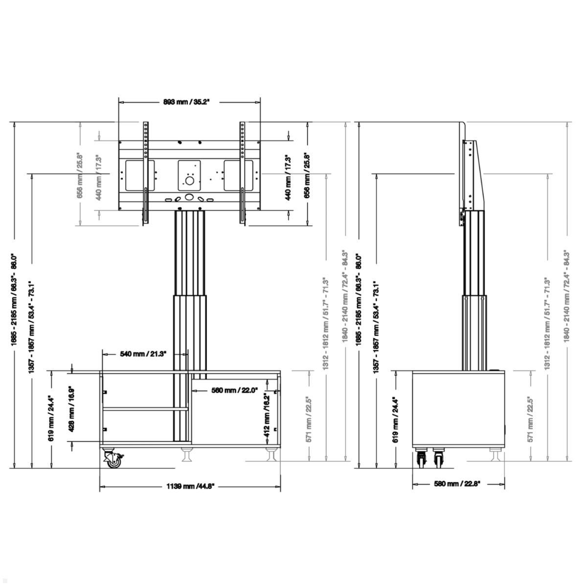 Mobiler TV Fernsehschrank Conen SCETASBNA, elektrisch, Technische Zeichnung