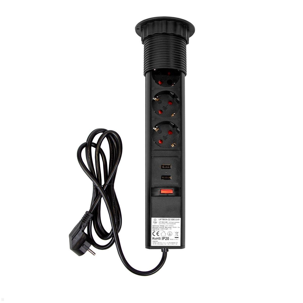 TecLines TVS009B versenkbare 3-fach Steckdosenleiste mit 2x USB, schwarz - front