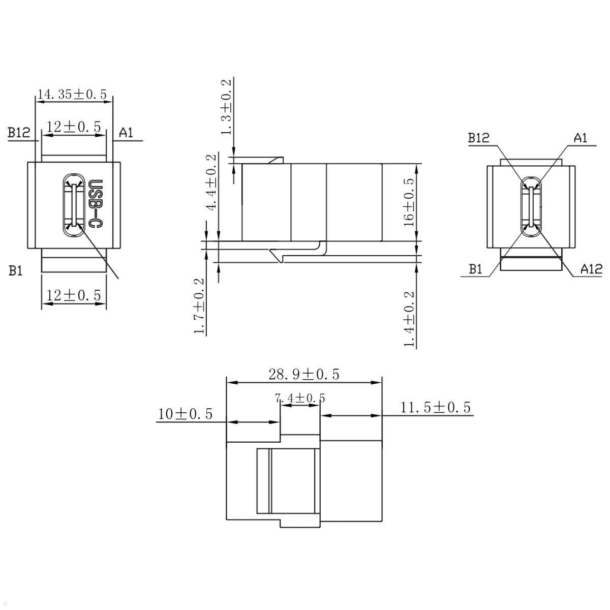 TecLines TKM014B Keystone USB-C 3.1 Gen 2 Modul 60W Buchse/Buchse, technische Zeichnung