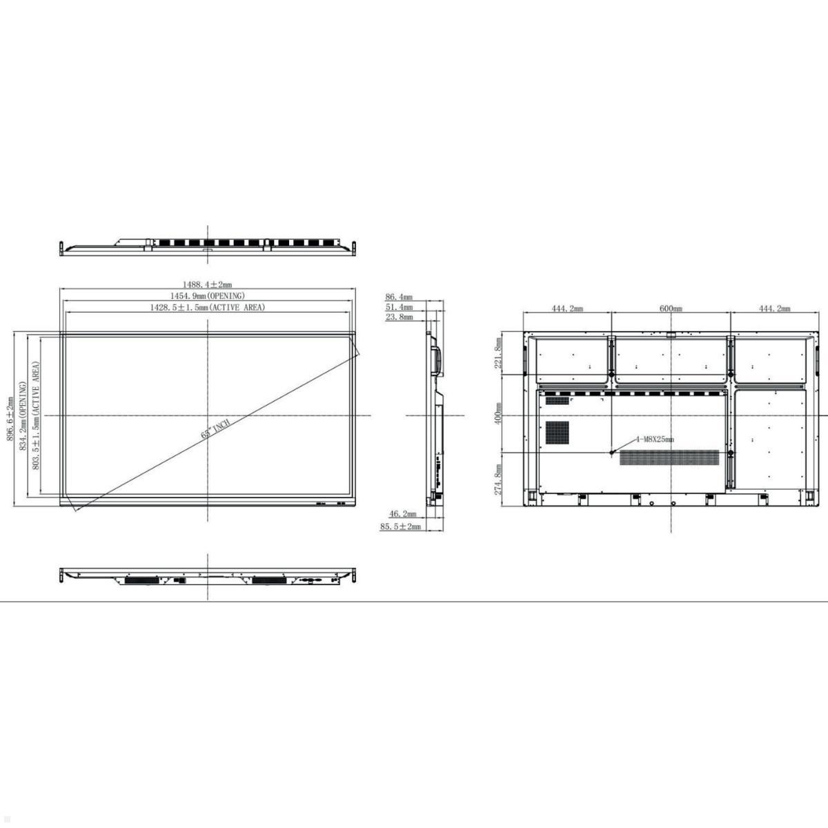 4k Touchdisplay Predia Swift 65 Zoll, Technische Zeichnung