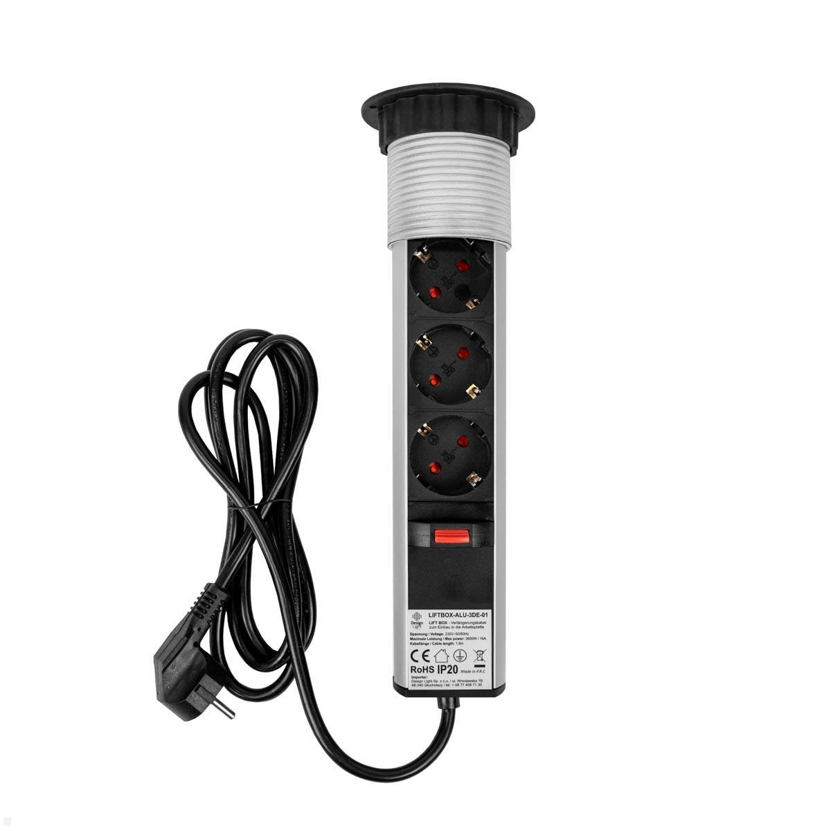 TecLines TVS008S versenkbare 3-fach Steckdosenleiste, silber - front