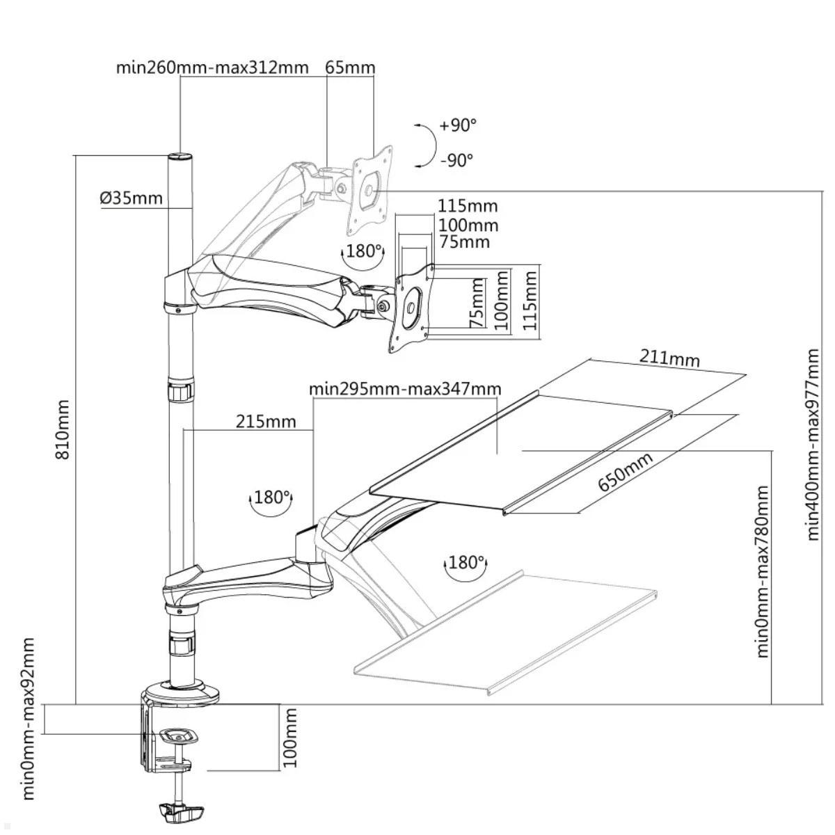 Neomounts FPMA-D500KEYB Sitz-Steh Arbeitsplatz, Technische Zeichnung