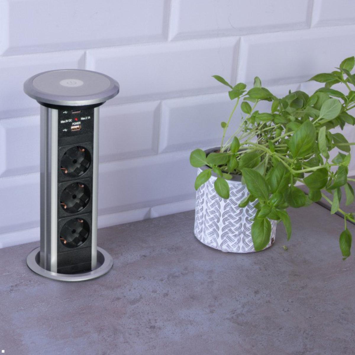 TecLines TVS007S versenkbare 3-fach Steckdosenleiste mit 2x USB, silber - Einbausteckdose