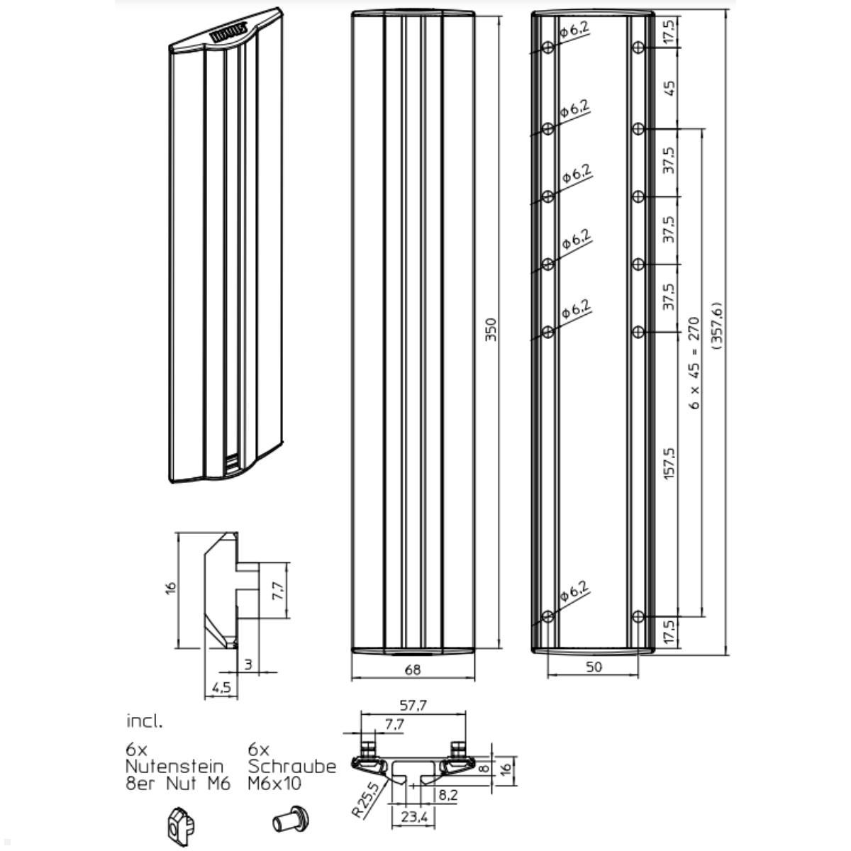 Wandschiene für Slatwall, Novus MY base 911+0079+000, Technische Zeichnung