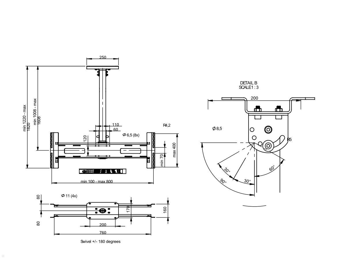SMS Func Dual Monitor Deckenhalterung CH VSTD2 970-1570 mm schwarz (PL061090-P0) technische Zeichnung