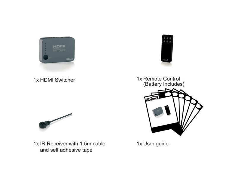 Marmitek Connect 350 UHD HDMI Umschalter mit 4K, 5x Eingang, 1x Ausgang Lieferumfang