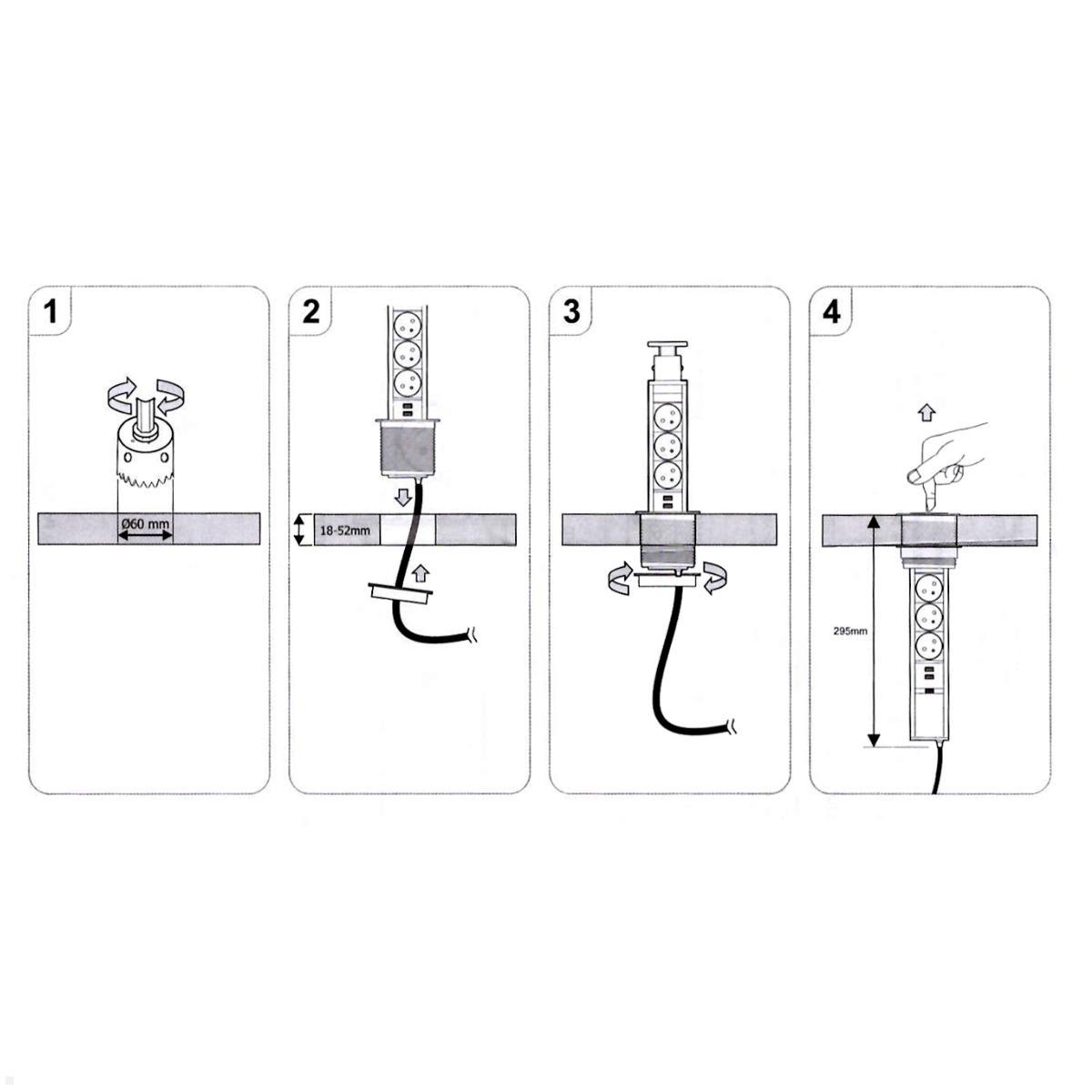 TecLines TVS009S versenkbare 3-fach Steckdosenleiste mit 2x USB, silber - Installation