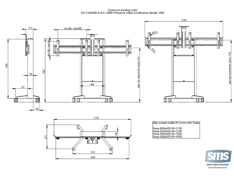 SMS Presence mobiler Videokonferenz Standfuß 1650 mm (C5-31U006-2-A-0) Maße