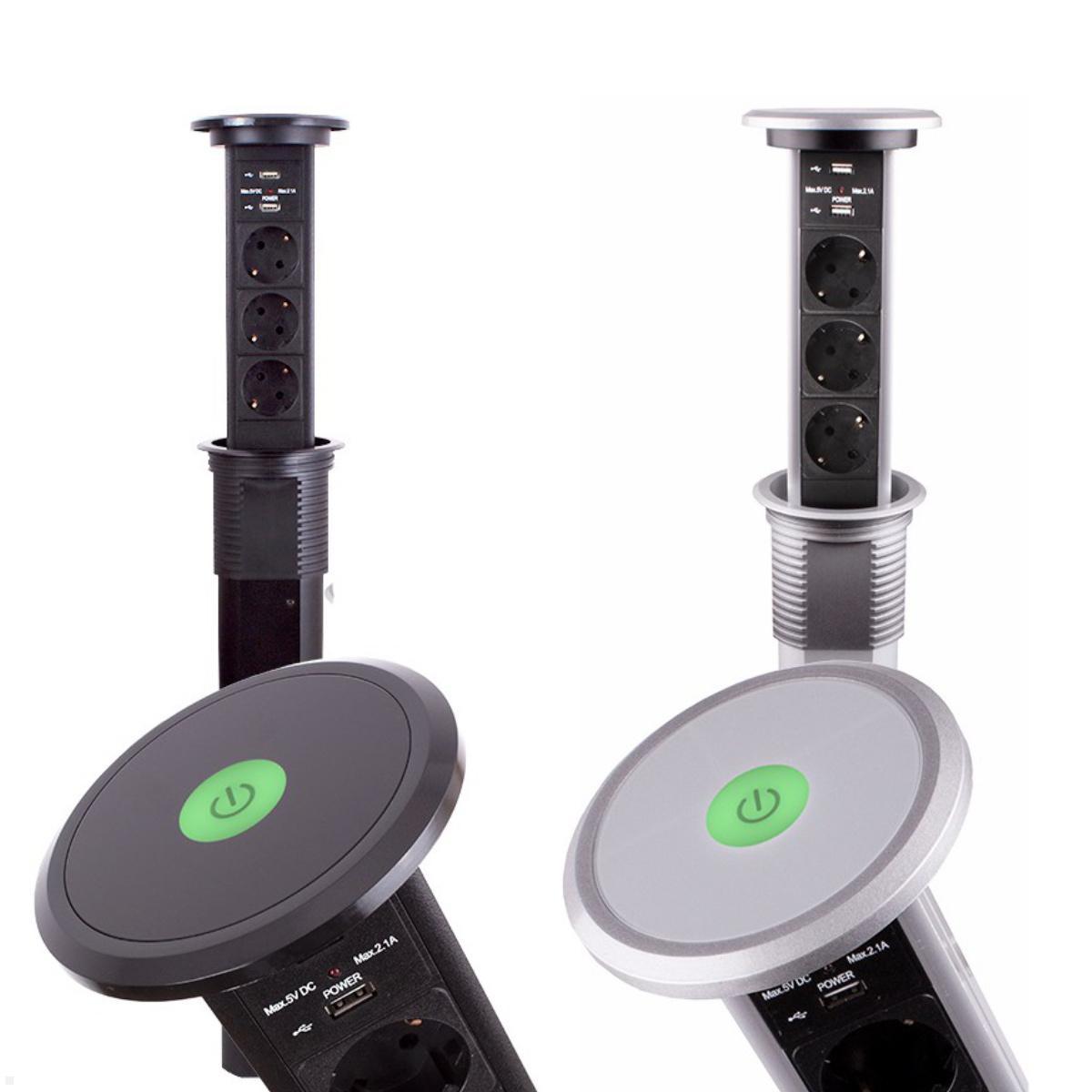 TecLines TVS007S versenkbare 3-fach Steckdosenleiste mit 2x USB, silber - Farbvarianten