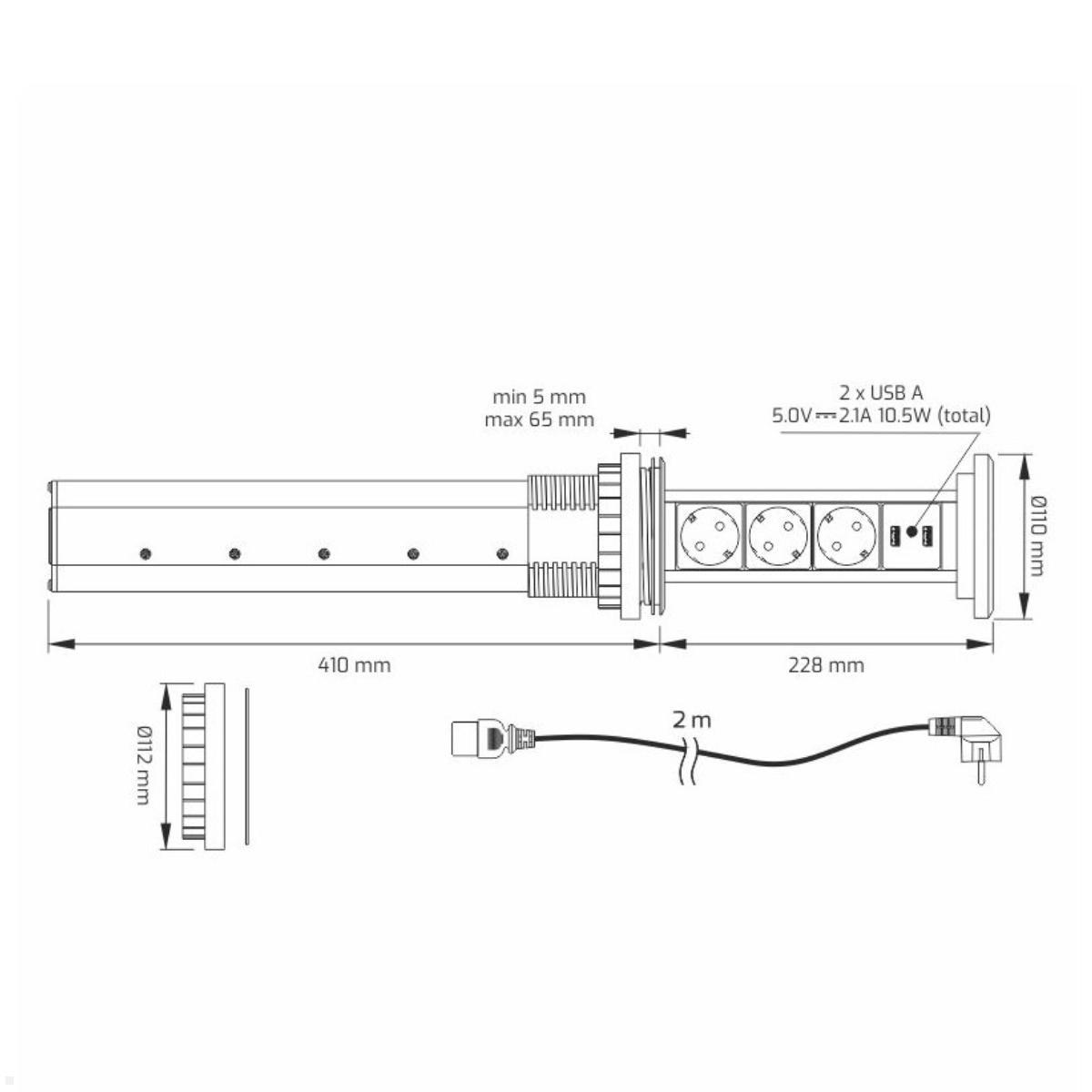 TecLines TVS006S versenkbare 3-fach Steckdosenleiste mit 2x USB, Qi, silber - Maße
