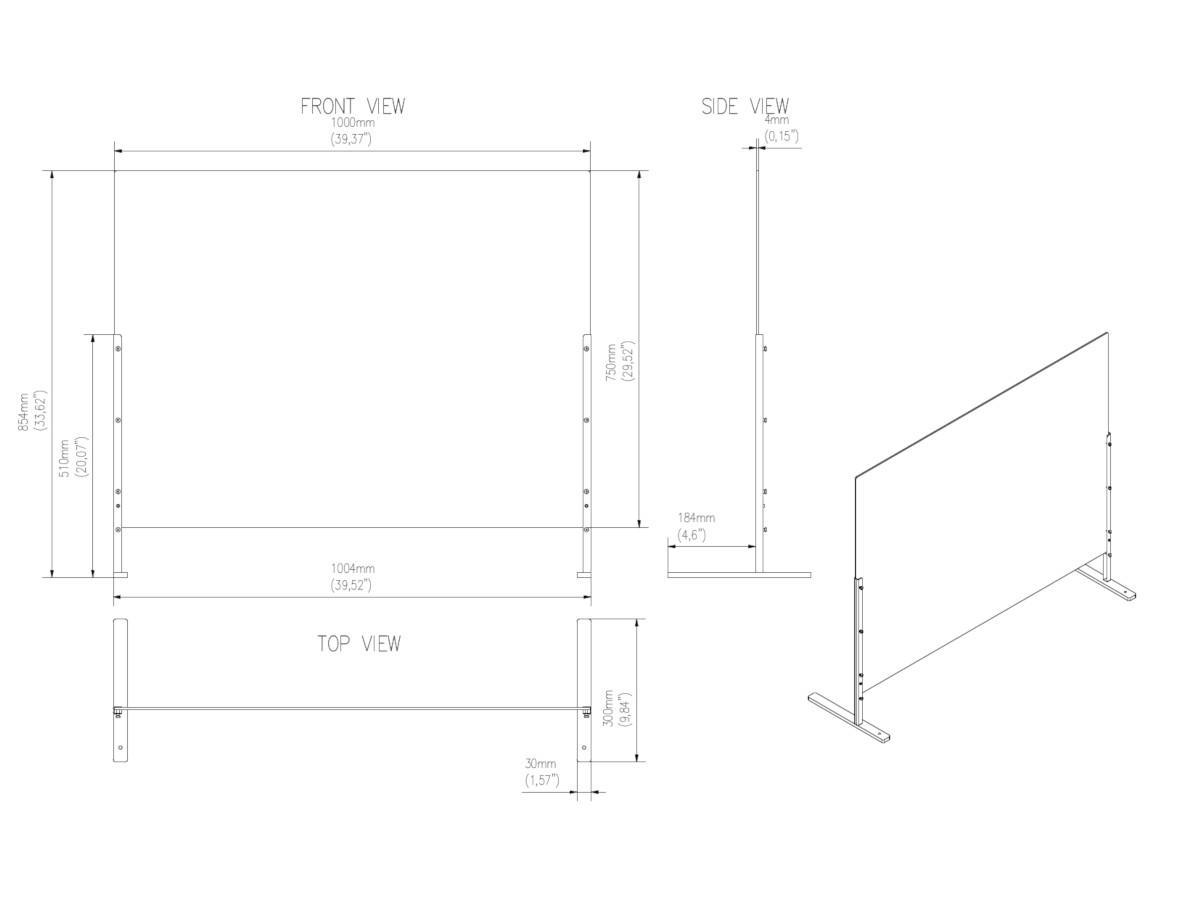Edbak ProScreen Acrylglas Kassenbereich Schutzscheibe L, Standfuß technische Zeichnung