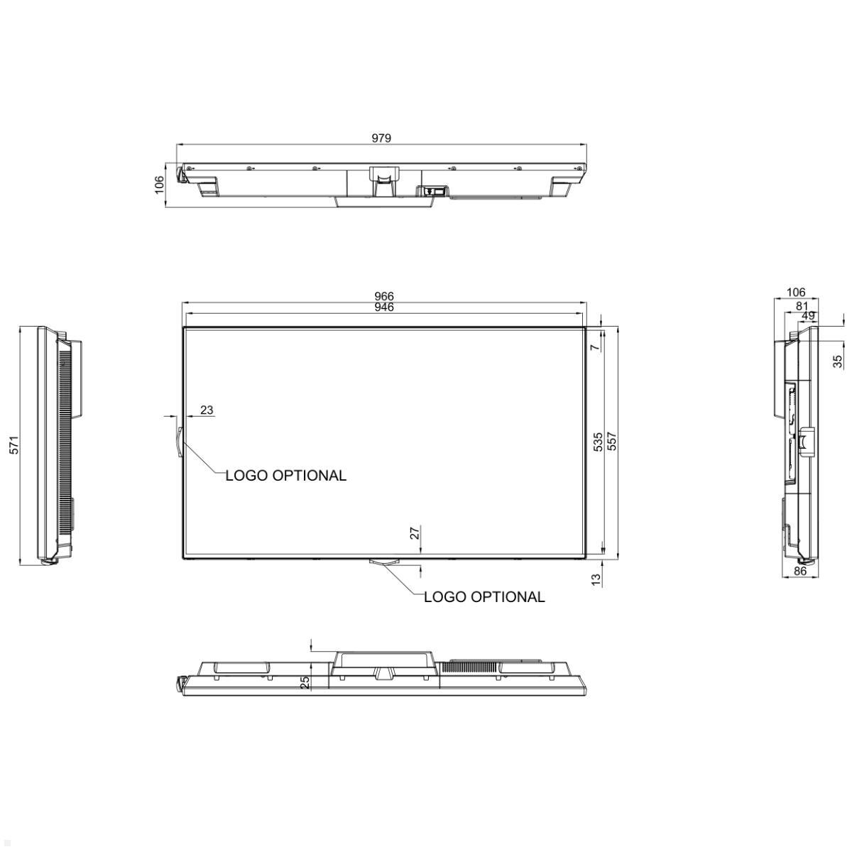 Clevertouch CM Digital Signage Display 43 Zoll LED 4K UHD (1290017EXP), technische Zeichnung Vorderseite