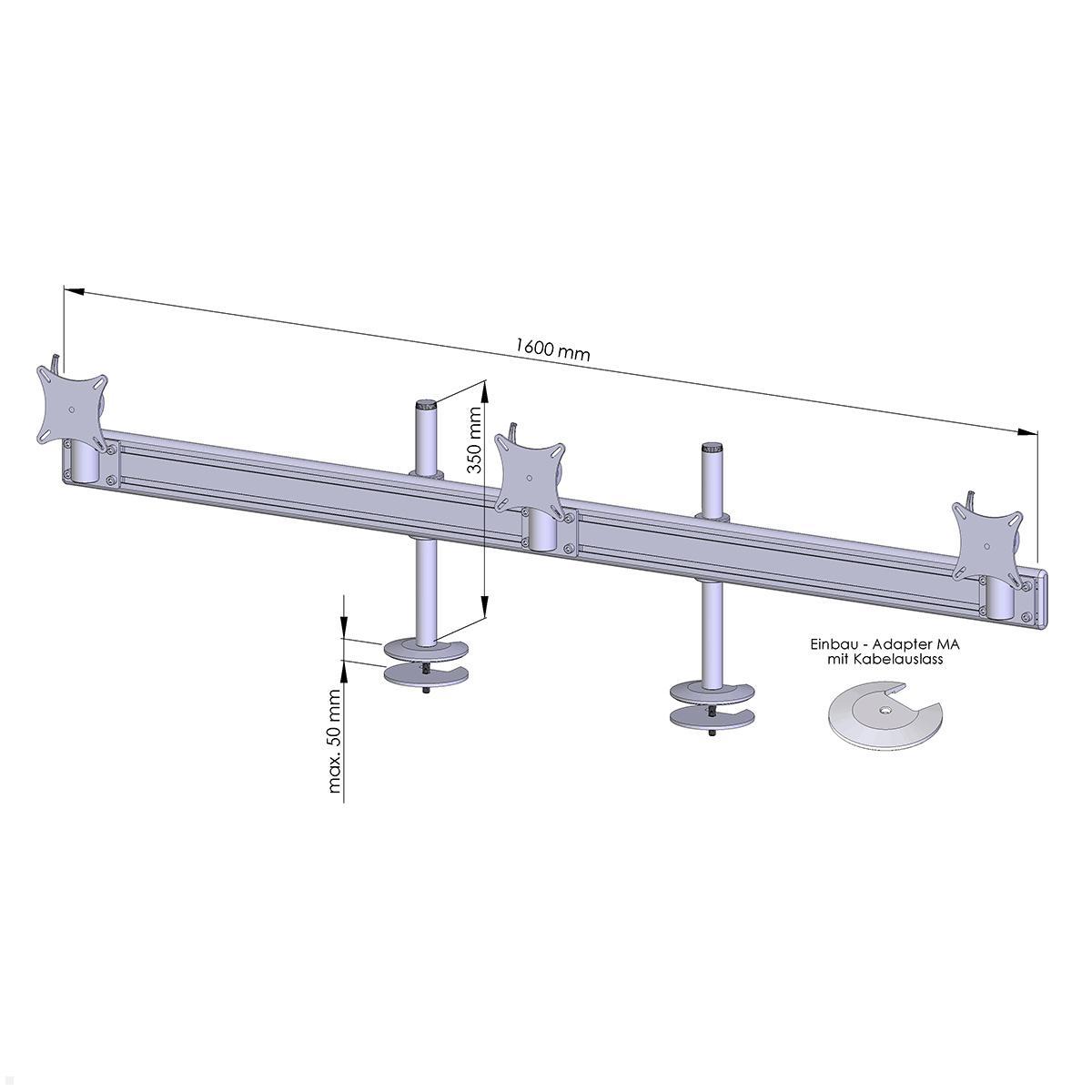 MonLines MTH209G Flat 3-fach Monitor Tischhalterung Einbau 25-32 Zoll, grau, Zeichnung Maße