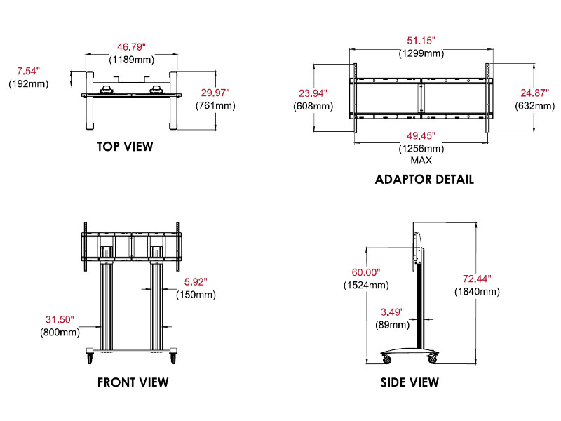 peerless SR598-HUB Trolley Surface Hub 55-84" Maße
