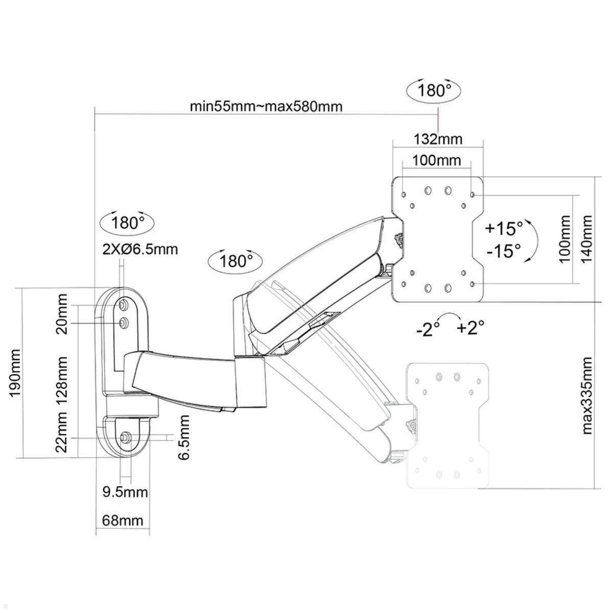 Neomounts FPMA-W955 schwenkbare Monitor Wandhalterung 10-30 Zoll, technische Zeichnung