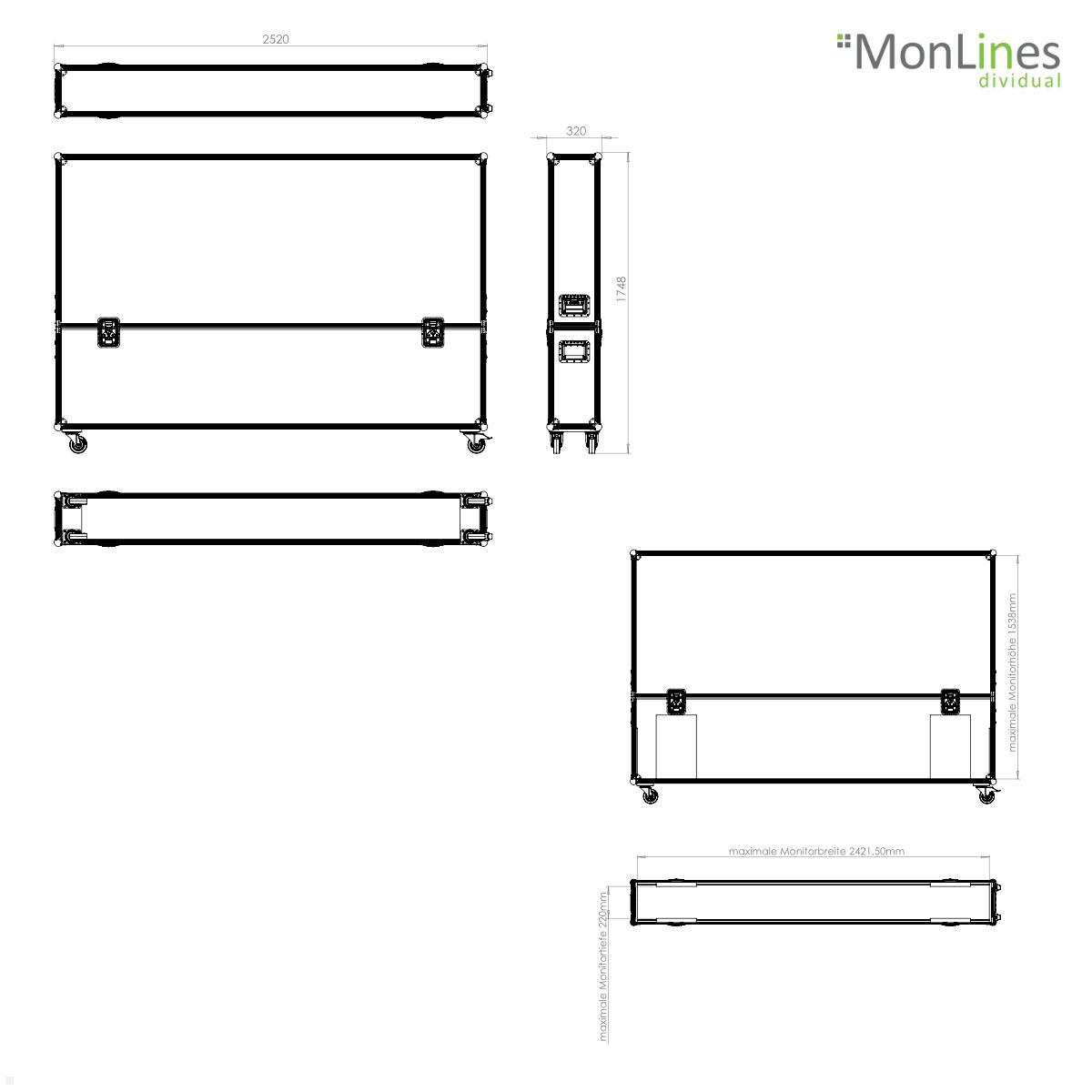 MonLines MTC007B Display Transportcase 93 - 105 Zoll technische Zeichnung
