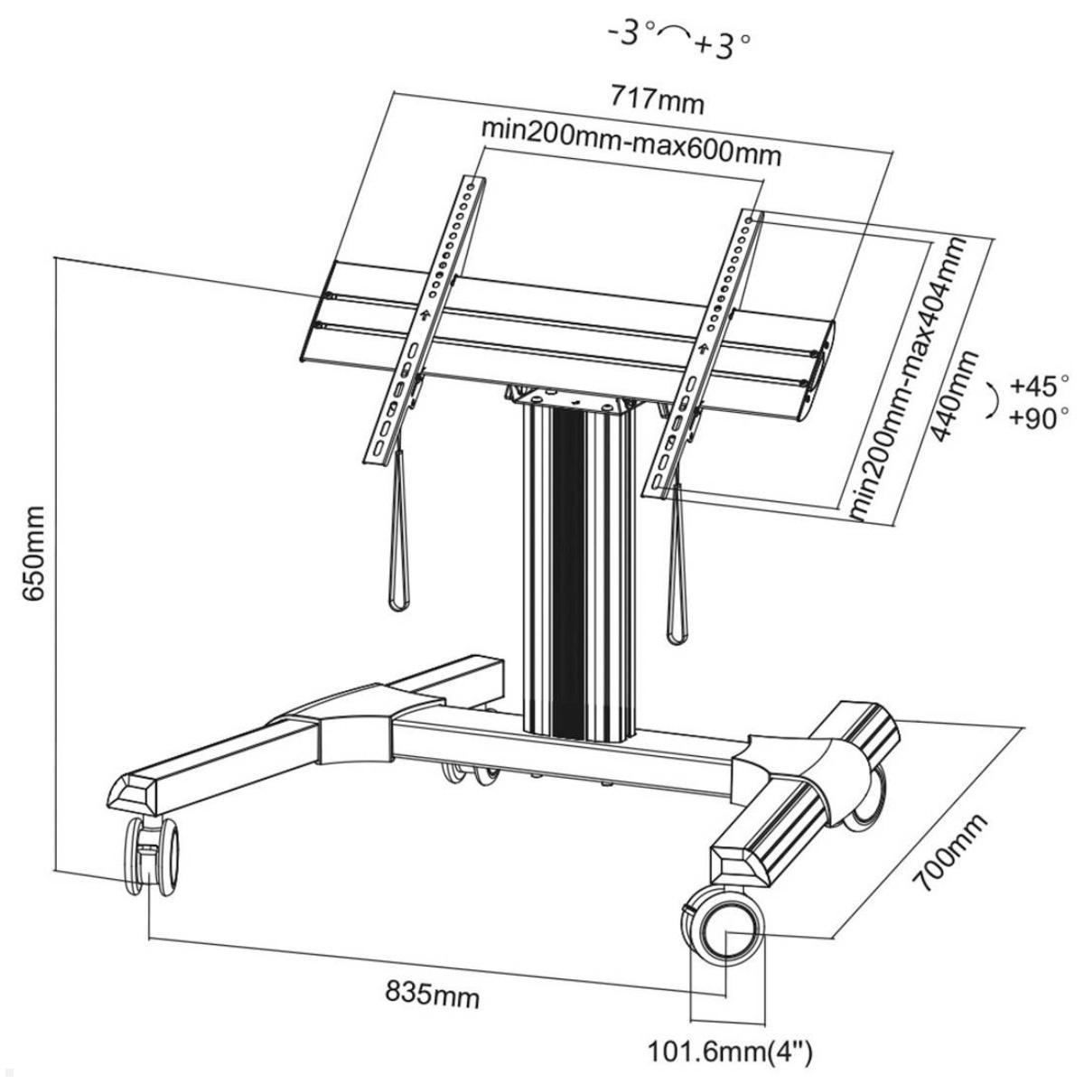 MonLines MBS009S Konferenz Monitor Bodenständer bis 70 Zoll, diebstahlsicher, technische Zeichnung