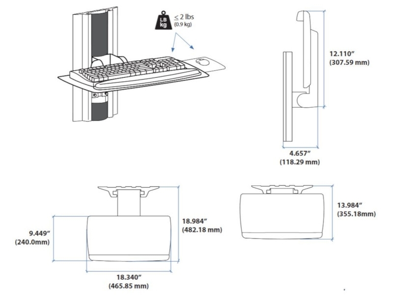 Ergotron Neo-Flex Tastatur Wandhalterung (45-403-062) Maße Tastaturhalter