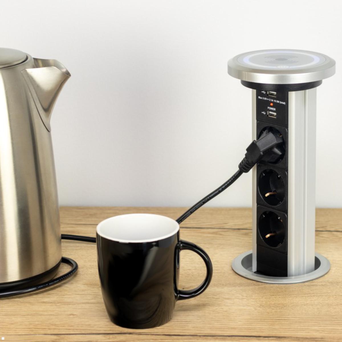 TecLines TVS006S versenkbare 3-fach Steckdosenleiste mit 2x USB, Qi, silber - 3-fach Steckdosenleiste