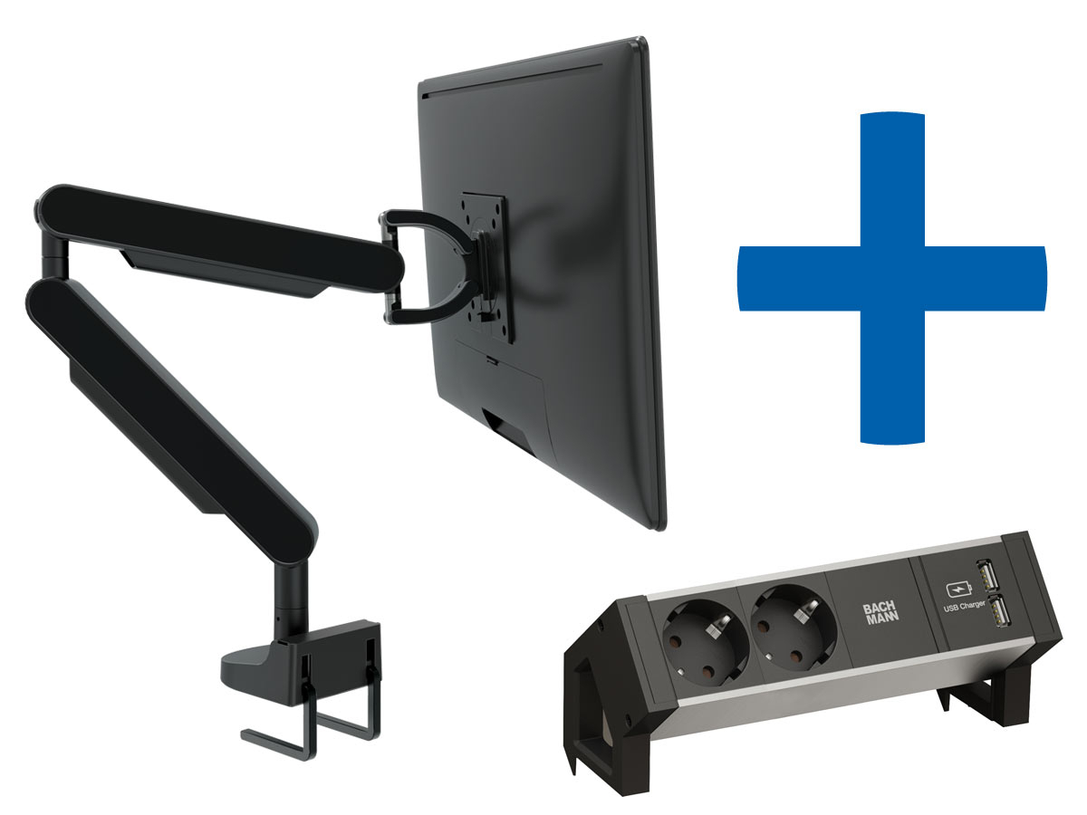 Bachmann ZG1 Monitorhalterung schwarz + Desk 2 Alu BLACK Anschlussfeld