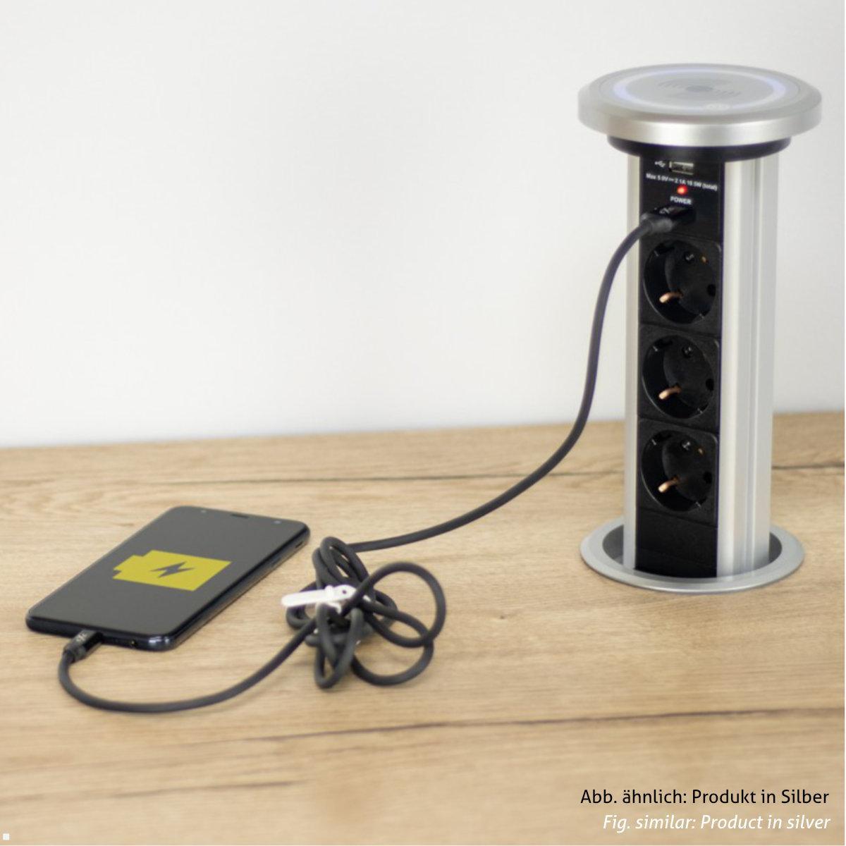 TecLines TVS006B versenkbare 3-fach Steckdosenleiste mit 2x USB, Qi, schwarz - USB Charger