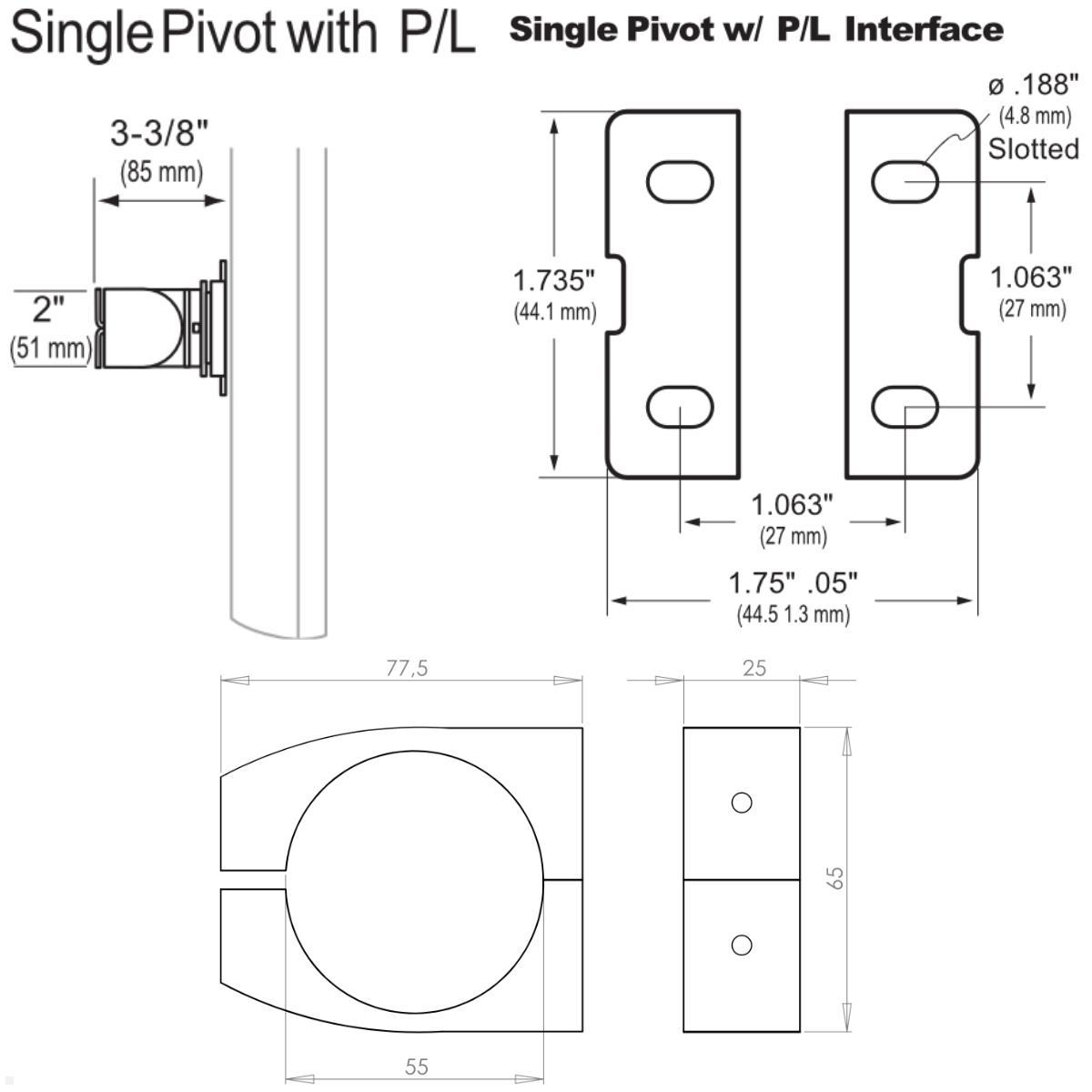 Ergotron Serie 100 Single Monitorhalterung für Rohre / Säulen 51-55 mm, technische Zeichnung