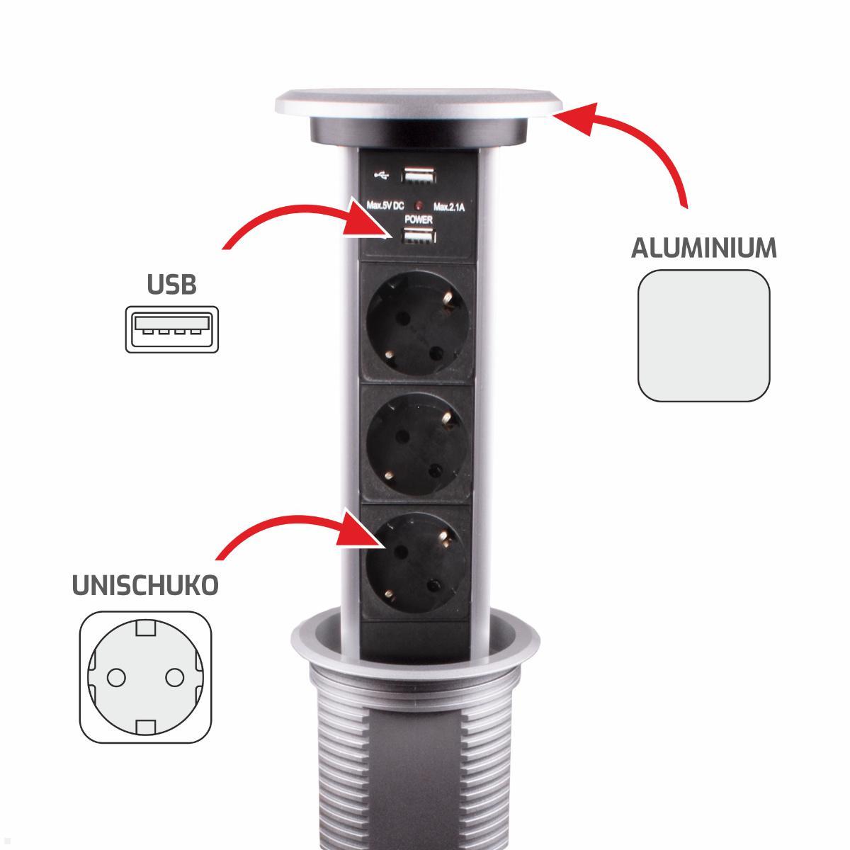 TecLines TVS007S versenkbare 3-fach Steckdosenleiste mit 2x USB, silber - Features