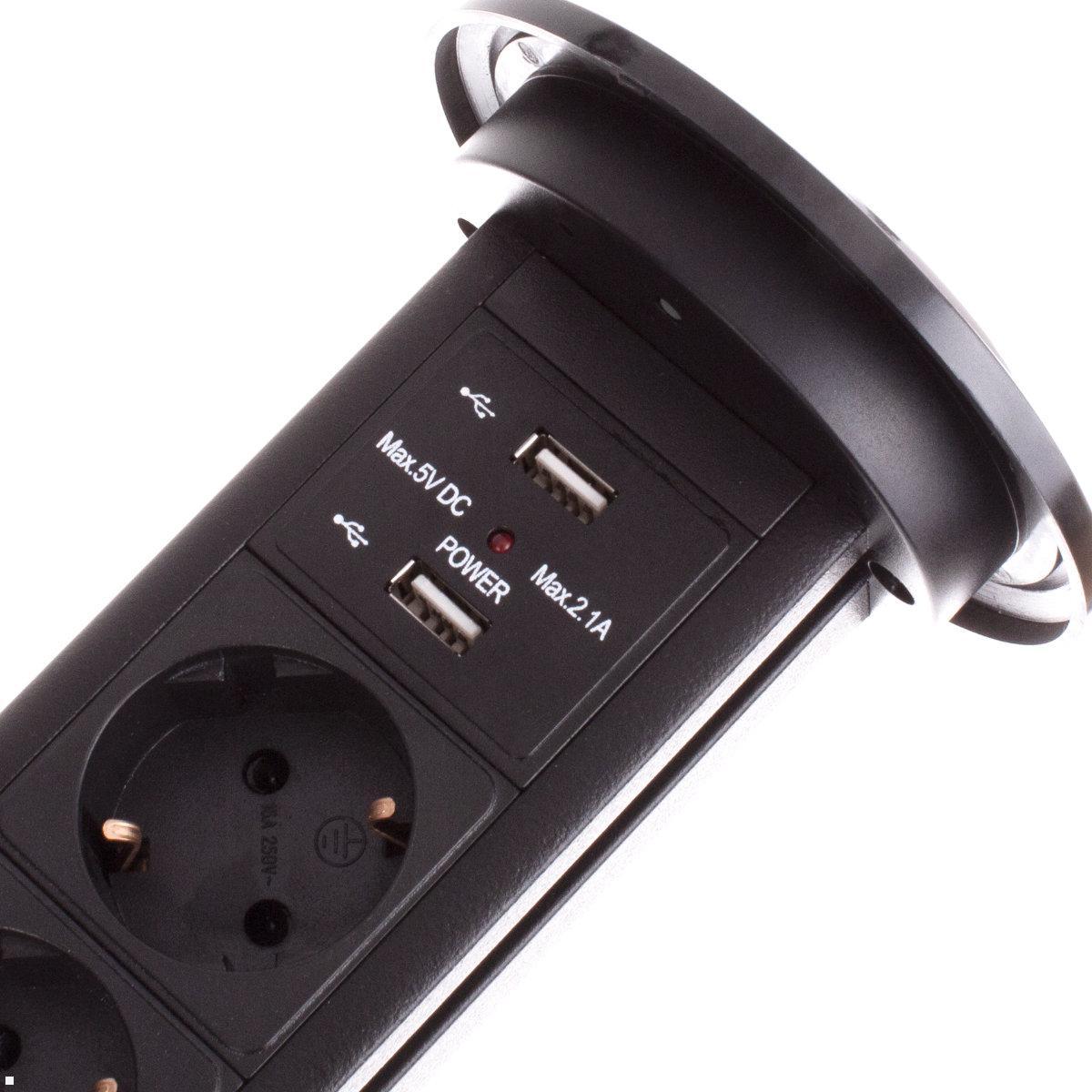 TecLines TVS007B versenkbare 3-fach Steckdosenleiste mit 2x USB, schwarz - USB-A Anschlüsse