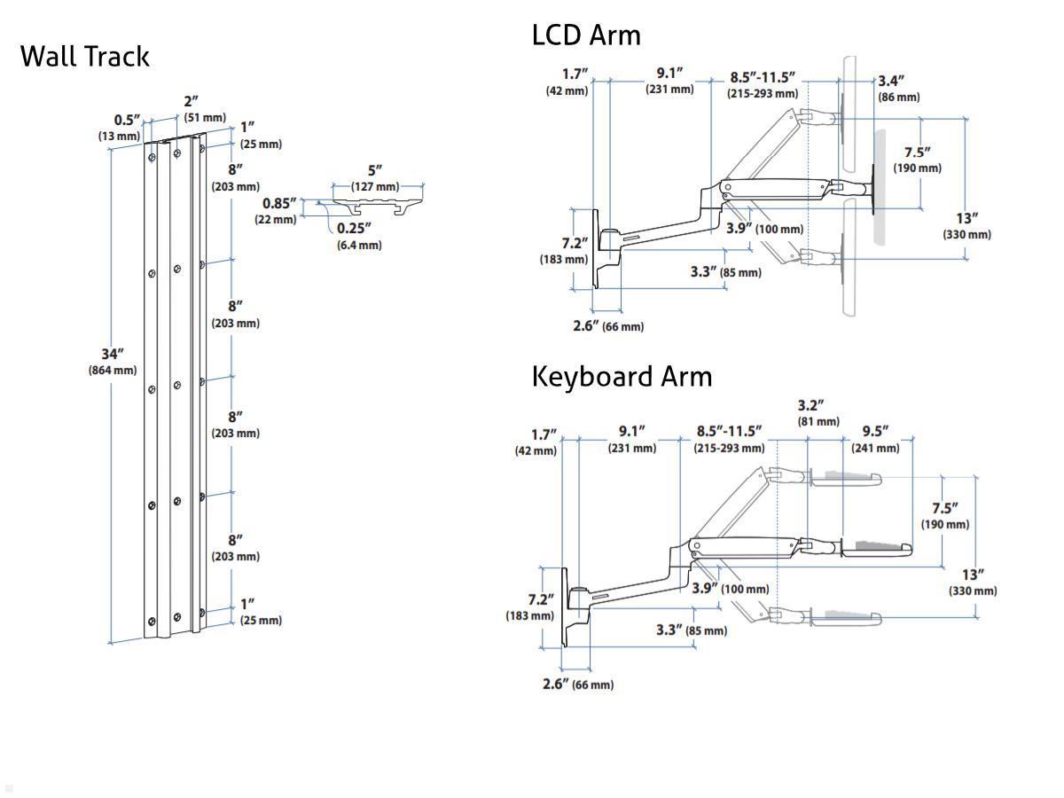 Monitor Wandhalterung, Ergotron LX 45-551-216, schwenkbar, Technische Zeichnung