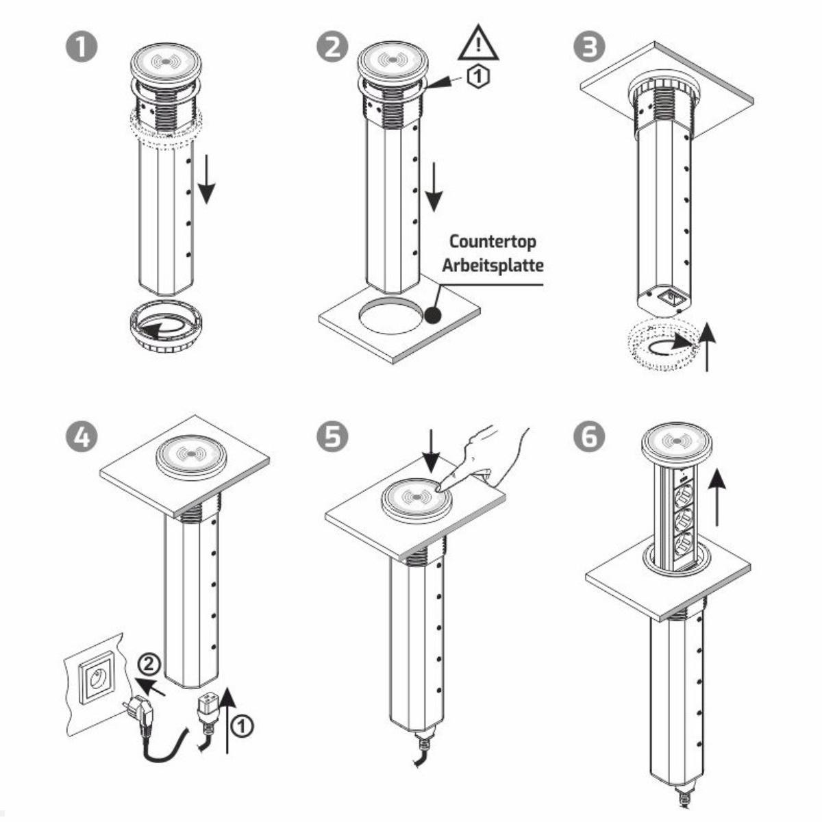 TecLines TVS007S versenkbare 3-fach Steckdosenleiste mit 2x USB, silber - Installation