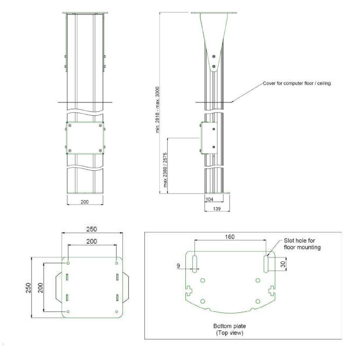 SmartMetals Boden-Deckensäule (Heavy Duty Serie) 3000mm, bis 90 Zoll, technische Zeichnung Säule