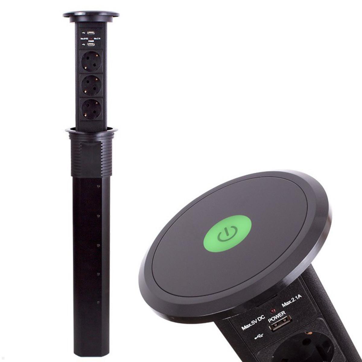 TecLines TVS007B versenkbare 3-fach Steckdosenleiste mit 2x USB, schwarz - front